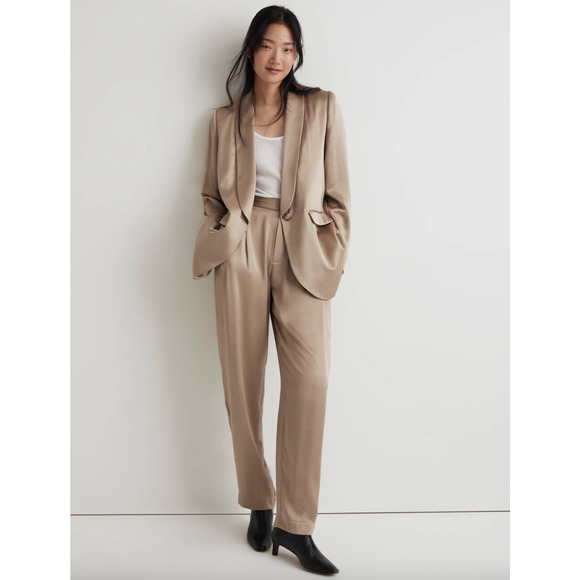 Madewell Satin Oversized Blazer Jacket Matchstick Beige Viscose Blend US 4 NWT - Picture 7 of 16